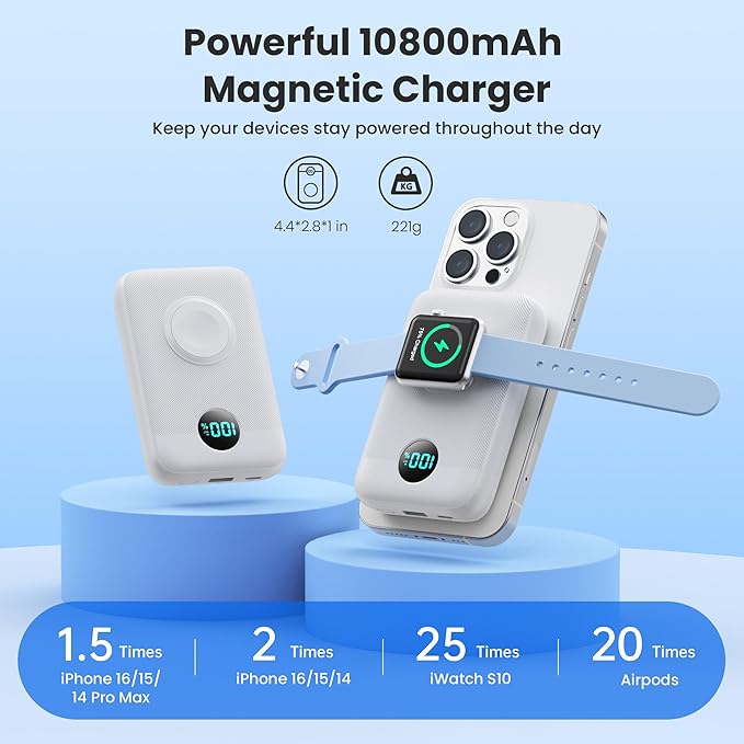 Magnetic Portable Charger for iPhone,10800mAh 4-in-1 Power Bank with iWatch Charger,25W PD Fast Charging Battery Pack for Magsafe,iPhone 17/16/15/14/13/12 Series,Apple Watch,Travel Essential,White