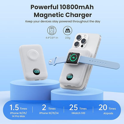 Magnetic Portable Charger for iPhone,10800mAh 4-in-1 Power Bank with iWatch Charger,25W PD Fast Charging Battery Pack for Magsafe,iPhone 17/16/15/14/13/12 Series,Apple Watch,Travel Essential,White