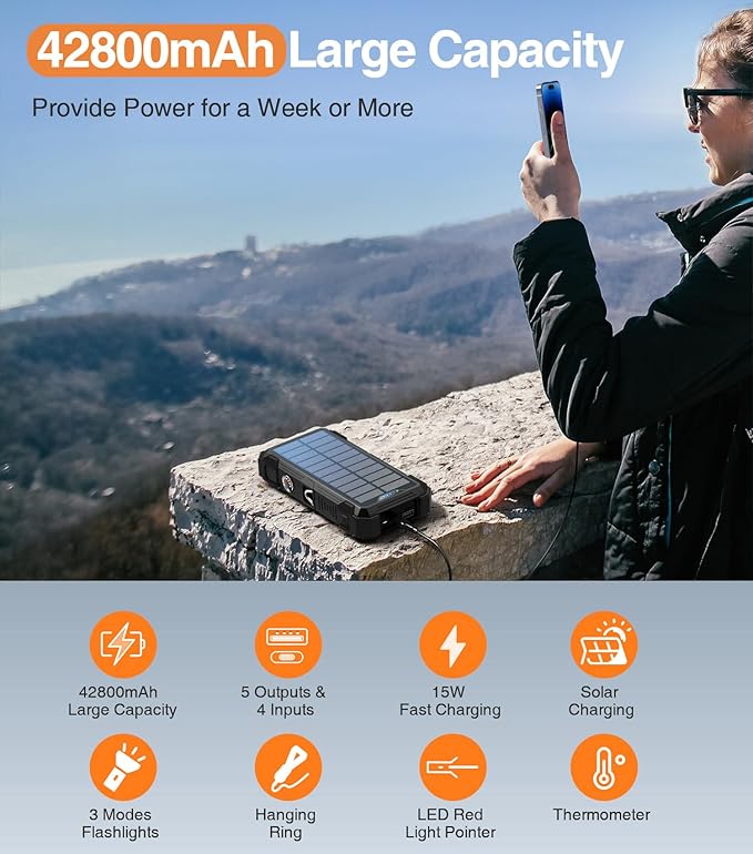 Solar Charger Power Bank, 42800mAh Wireless Portable Charger with USB-C in/Output, QC3.0 Fast Charging 15W 4 Ports Outdoor Battery Pack Built-in LED Flashlight, for iPhone, Galaxy, iPad etc