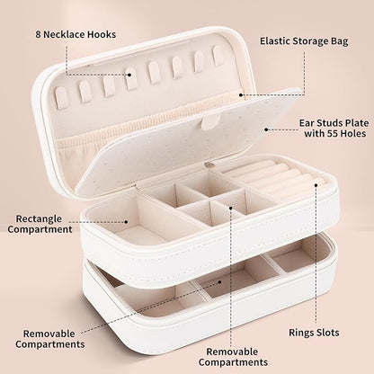 DesignSter Small Travel Jewelry Box with Double Zipper, 2 Layers PU Portable Jewelry Case for Women and Girls,Travel Jewelry Organizer for Rings, Earrings, Necklaces, Bracelets,Beige