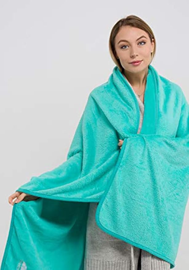 BlueHills 2-Pack Premium Soft Travel Blanket Pillow Airplane Blanket for Two in Soft Bag Pillowcase Compact Pack Large Blankets for Travel (Teal Green T012)