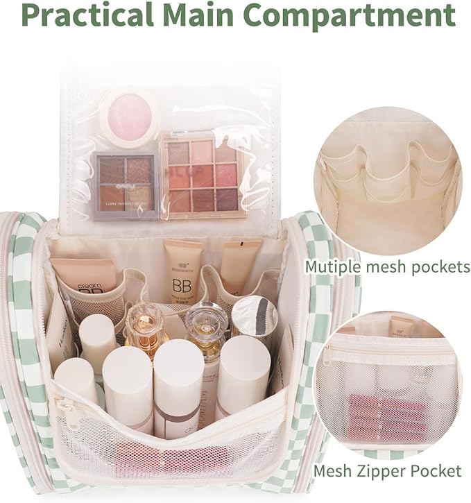Narwey Checked Hanging Travel Toiletry Bag for Women, Travel Bag for Toiletries, Makeup Bag Organizer Cosmetic Bags Make Up Bags for Women (Mint Green Checkerboard)