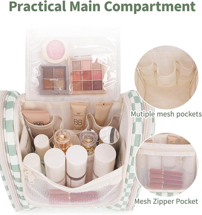 Narwey Checked Hanging Travel Toiletry Bag for Women, Travel Bag for Toiletries, Makeup Bag Organizer Cosmetic Bags Make Up Bags for Women (Mint Green Checkerboard)