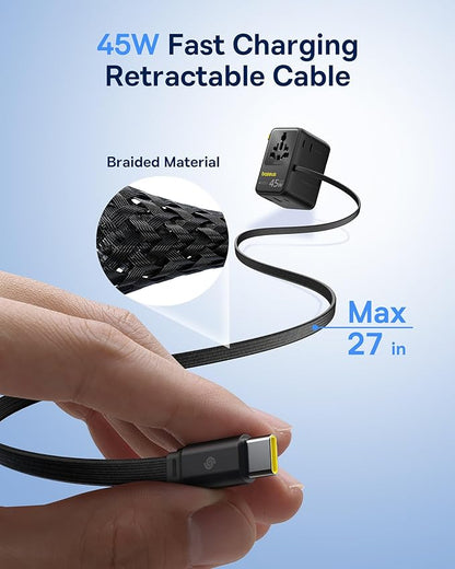 Baseus 45W European Travel Plug Adapter, 6-in-1 Universal Power Adapter with USB-C Retractable Cable, PD Fast Charging GaN International Travel Essentials for Over 200 Countries - Picogo AG11