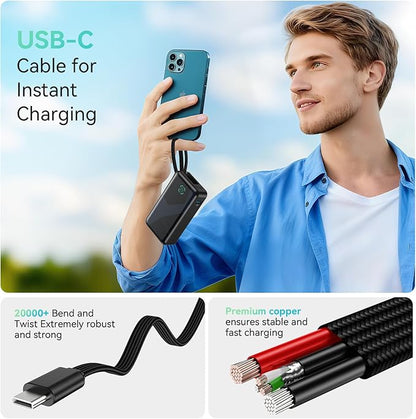 Power Bank, 10,000mAh Portable Charger PD 30W Fast Charging External Battery Pack with Built-in USB-C Cable, Travel Phone Charger with USB-C&A Output for iPhone 17 16 15, Ipad, Samsung, Google Etc