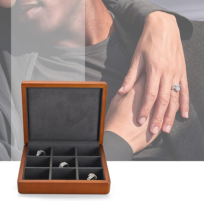 Oirlv Solid Wood Ring Jewelry Box Organizer Earrings Jewelry Drawer Organizer Tray with Lid (Grey 9 Grid Box)