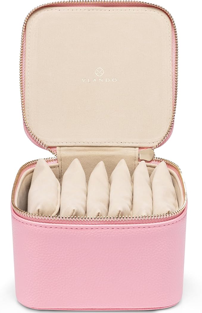 Vlando Travel Jewelry Case,PU Leather Jewelry Storage Organizer Case with 6 pcs Jewelry Bag,Christmas Wedding Birthday Gift Ideas for Women Bride Girls Pale Pink