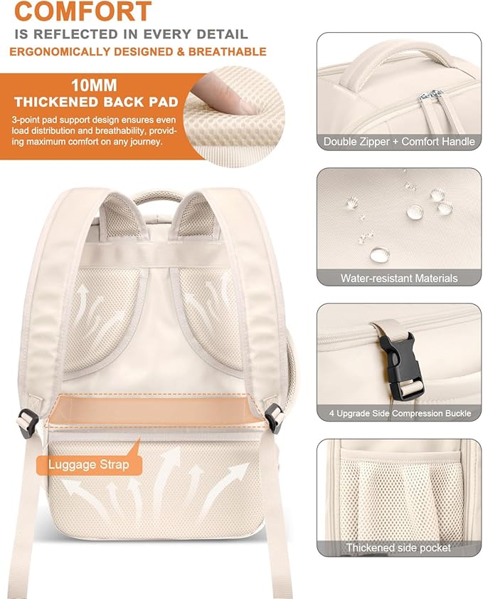 Capolo Travel Backpack for Women Men Waterproof Laptop Backpack Flight Approved Carry On Backpack Overnight Weekender Bag College Bookbag for Business, Work, Traveling Fits 17 '' Laptop,Beige