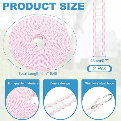 uxcell 2 Pcs Portable Travel Clothesline, 16.4ft Clothes Line Outdoors Travel Hanger Foldable Clothesline Rope with Hooks for Camping Hotel Backyard Home Cruise Ship, Pink