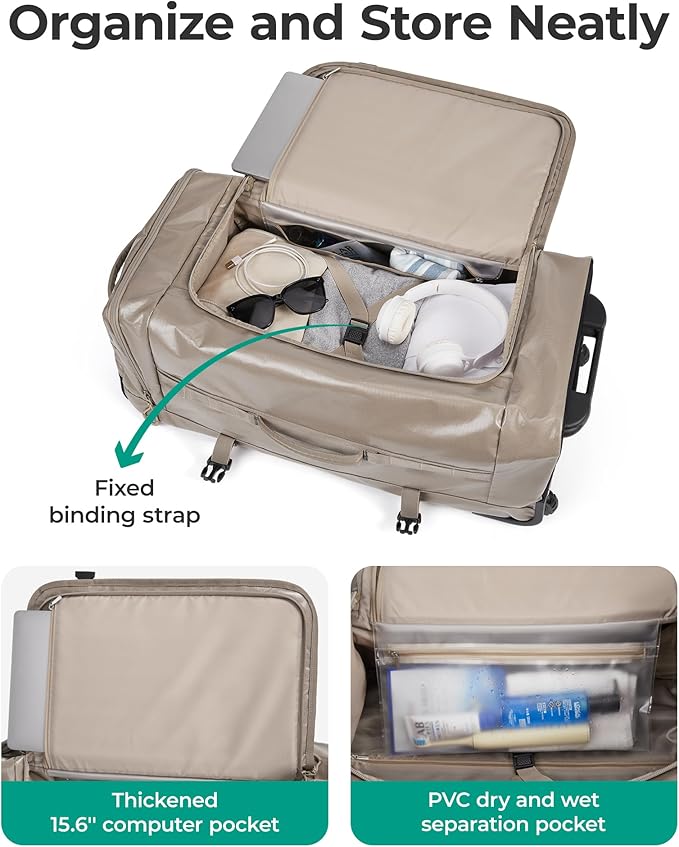 BAGSMART 70L Rolling Duffle Bag with Wheels, Large Travel Duffel Luggage Bag for Men, Water Repellent Heavy Duty for Travel Camp, Camel