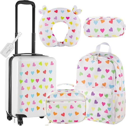 Redbaker 6 Pcs Kids Luggage Set Gift for Christmas 17 Inch Kids Rolling Luggage Double Pattern Suitcase for Boys Girls(White,17 Inch,Love Style)