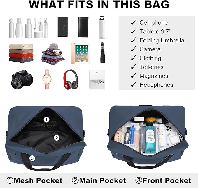 Kono Travel Duffel 20L Under Seat Carry-On Sports Tote Gym Weekender Overnight Bag - 15.75"x9.84"x7.87" Navy