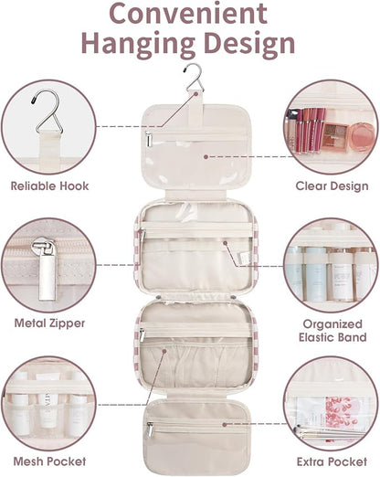 Narwey Hanging Toiletry Bag for Women Travel Makeup Bag Organizer Toiletries Bag for Travel Size Essentials Accessories Cosmetics (Dusty Pink Checkerboard (Medium))