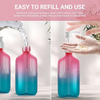 Empty Plastic Gradient Color Bottles with Pump Dispenser and Labels Included, Refillable Travel Containers for Hand sanitizer Shampoo Lotion, etc - No BPA/Parabenf, 500ml/16.9oz (Gradient, 3 Pack)