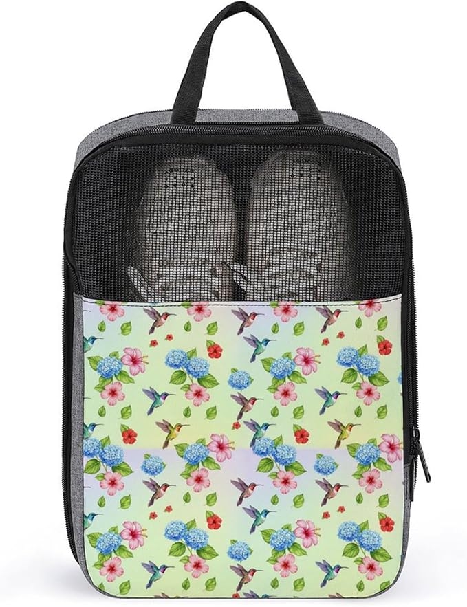 Reusable Portable Shoe Bag Bird Colorful Flowers Hummingbirds Floral Lightweight Shoe Organizer for Soccer, Golf Sneaker Storage Pouch