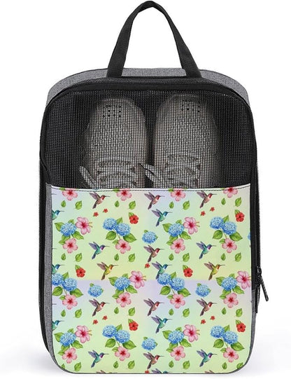 Reusable Portable Shoe Bag Bird Colorful Flowers Hummingbirds Floral Lightweight Shoe Organizer for Soccer, Golf Sneaker Storage Pouch