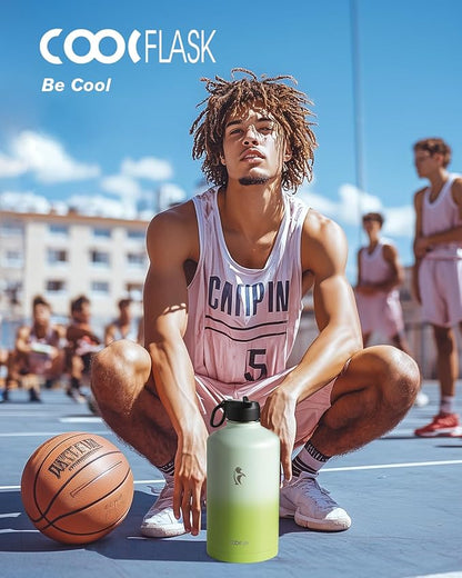 Coolflask 128 oz Gallon Water Bottle Insulated with Straw&3 Lids, Water Jug Large Stainless Steel Metal Vacuum Wide Mouth for Sports, Gym or Office, Non-BPA Keep Cold 48H Hot 24H, Ombre Green
