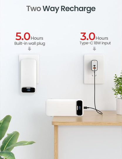 12000mAh Lightweight-Portable-Charger-Power-Bank with Built-in Cables and AC Wall Plug, PD20W USB-C Fast Charging Battery Pack, LED Display External Travel Phone Charger for All iPhone,Samsung,Android