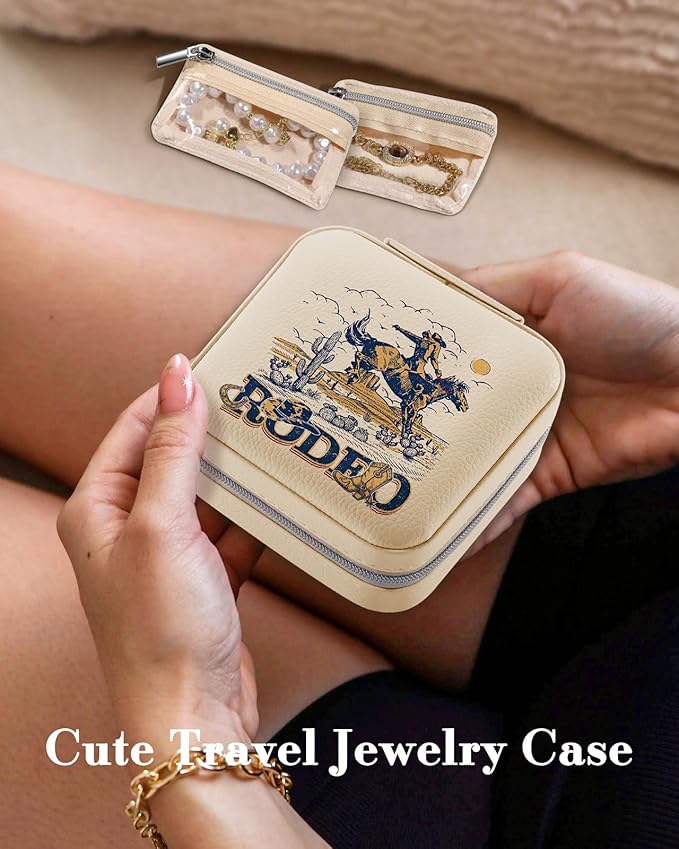 Bistup Travel Jewelry Case - Small Jewelry Organizers and Storage Box for Women Girls Teens Cute Traveling Jewelry Holder with Mirror Little Tiny Compact Modern Unique Aesthetic Pretty, Western