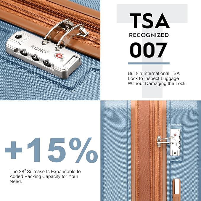 Kono 4 Piece Luggage Sets Expandable(only 28") with Spinner Wheels TSA Lock Lightweight PC+ABS Hardside Travel Rolling Suitcases 20in 24in 28in Carry on and 12in Mini Cosmetic Case Apricot Blue