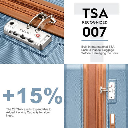 Kono 4 Piece Luggage Sets Expandable(only 28") with Spinner Wheels TSA Lock Lightweight PC+ABS Hardside Travel Rolling Suitcases 20in 24in 28in Carry on and 12in Mini Cosmetic Case Apricot Blue