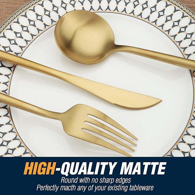 20 Pcs Gold Silverware Set, Stainless Steel Flatware Set Service for 4, Matte Gold Cutlery Set, Include Knives/Forks/Spoons, Dishwasher Safe
