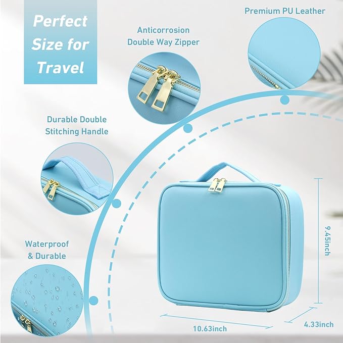 Makeup Organizer Bag with Mirror, Lighted Travel Makeup Bag 3 Colors Modes, Cosmetic Bag Make up Organizer with Mirror and Light, Makeup Train Case Portable Cosmetic Storage Case Gifts(Blue)