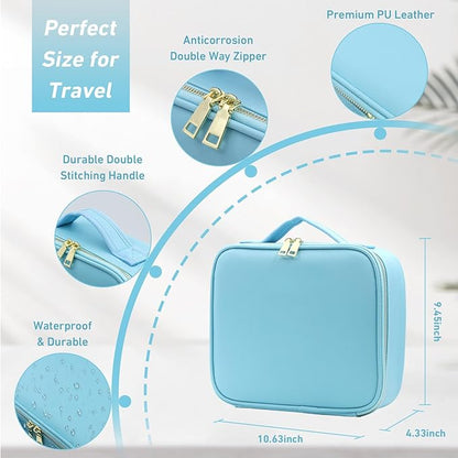 Makeup Organizer Bag with Mirror, Lighted Travel Makeup Bag 3 Colors Modes, Cosmetic Bag Make up Organizer with Mirror and Light, Makeup Train Case Portable Cosmetic Storage Case Gifts(Blue)