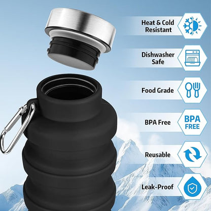 Collapsible Water Bottle,16oz Capacity Portable Reusable Silicone Water Bottle,Leak-proof,with buckle,foldable storage,Lightweight Durable for Fitness,Cycling,Sports,Camping,Hiking (Black+Green)