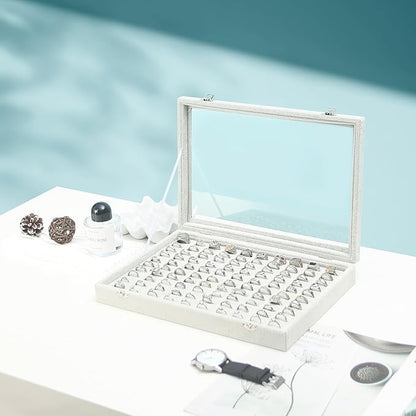 Coward Ring Organizer Jewelry Tray Box, Grey Beige Velvet 100 Slots Ring Display Tray Case with Transparent Glass Lid for Home Use or Store Selling Show