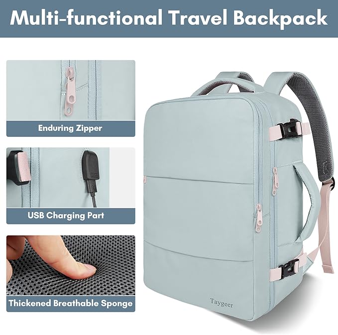 Taygeer Personal Item Backpack for Men Women, Travel Backpack Carry on Luggage Flight Approved with USB Charging Port & Shoe Pouch, Large Weekender Work Bag for Hiking Gift, Gray Powder