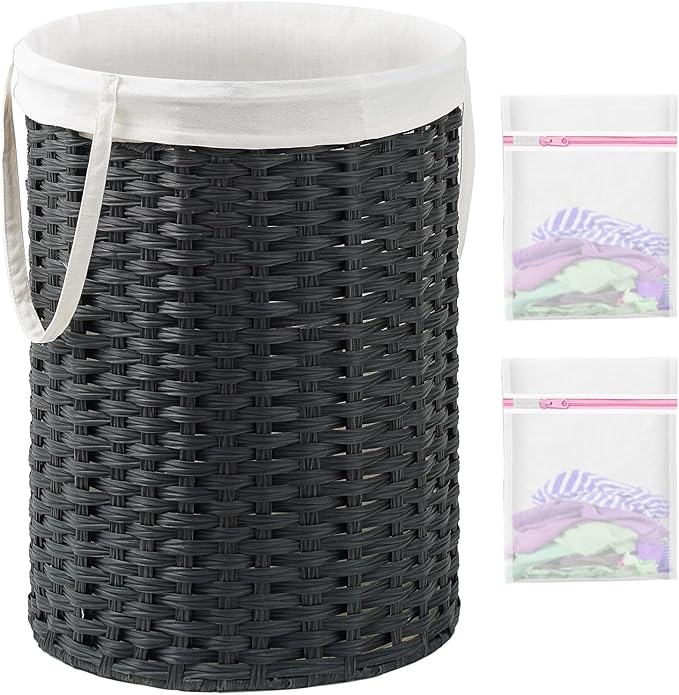 Laundry Basket Round Rattan Laundry Hamper 29.1 Gal (110 L) Handwoven Large Wicker Basket with Handles, Wicker Hamper with Removable Bags and 2 Mesh Bags for Bathroom Living Room Black