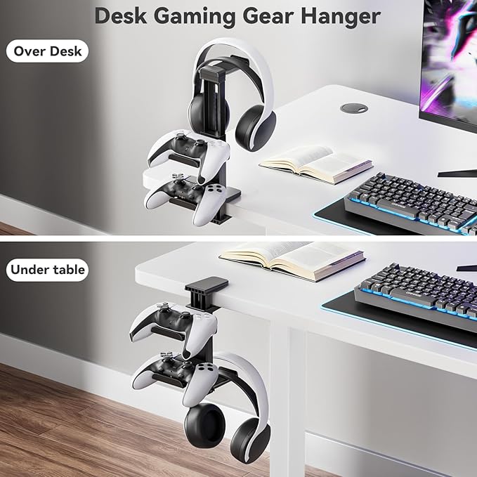 Controller Holder & Headphone Stand Under Desk with Adjustable Clamp, Controller Stand&Headset hanger for Desk Mount with 360° Rotating Hook & Cable Organizer, 3-in-1 Gaming Accessories Organizer