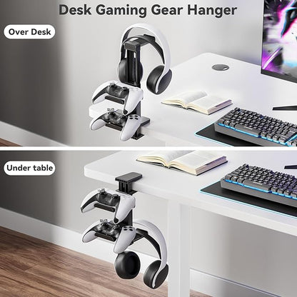 Controller Holder & Headphone Stand Under Desk with Adjustable Clamp, Controller Stand&Headset hanger for Desk Mount with 360° Rotating Hook & Cable Organizer, 3-in-1 Gaming Accessories Organizer