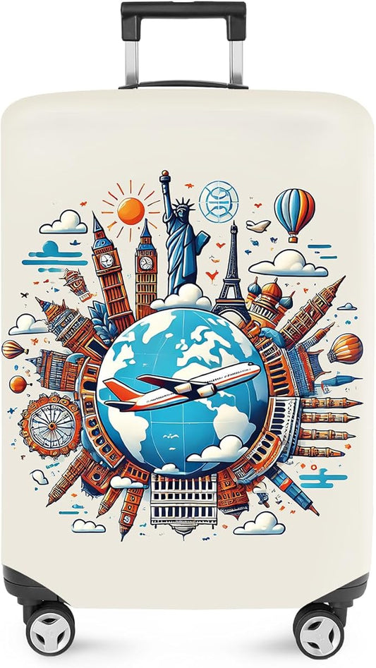 ANNA QUEEN Travel Around the World Luggage Cover, Colorful Landmark Suitcase Protector with Airplane & Globe Design, Stretchable, Washable Travel Sleeve for 32-34 Inch Luggage