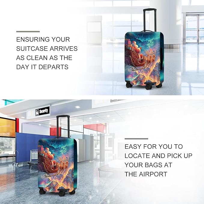 Northern Lights Christmas Luggage Cover - Santa's Sleigh Flying Over City Under Aurora, Magical Stretchable Suitcase Protector 28 30 Inch