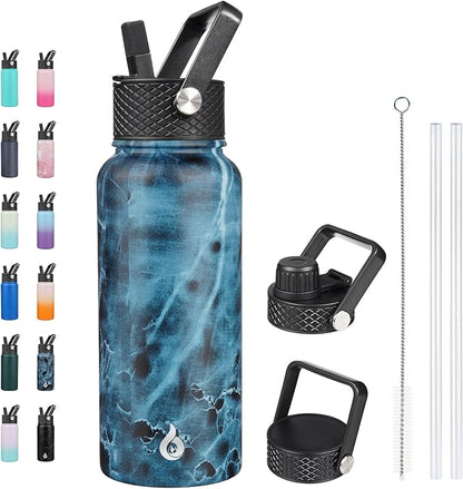 BJPKPK Insulated Water Bottles with Straw Lid, 32oz Metal Large Water Bottle with 3 Lids, Reusable Leak Proof BPA Free Thermo, Stainless Steel Tumblers for Sports, Gym, Travel-Ocean