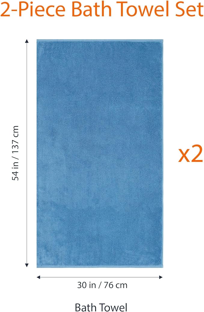 Amazon Basics 2 Piece Quick-Dry Oversize Bath Towel, 100% Cotton, Lake Blue, 54" x 30"