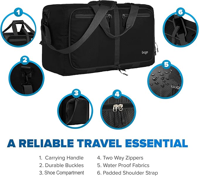 Bago Foldable Duffel Bags for Traveling Women & Men - 60L Medium Packable Duffle Bag for Travel with Shoe Compartment - Water Repellant, Heavy Duty, Lightweight Folding & Collapsible (All Black)