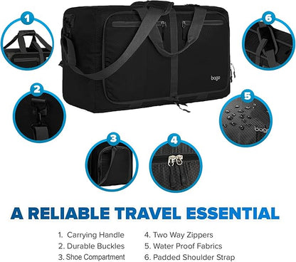 Bago Foldable Duffel Bags for Traveling Women & Men - 60L Medium Packable Duffle Bag for Travel with Shoe Compartment - Water Repellant, Heavy Duty, Lightweight Folding & Collapsible (All Black)