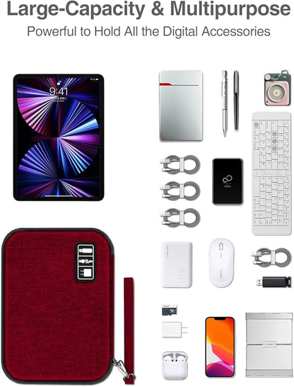 Luxtude Electronic Organizer Travel Case Large, Cord Organizer Travel, Large Cable Organizer Bag, Tech Bag for Cable Storage/Cord Storage/iPad Pro(up to 11")/Wall Charger/Electronic Accessories, Red