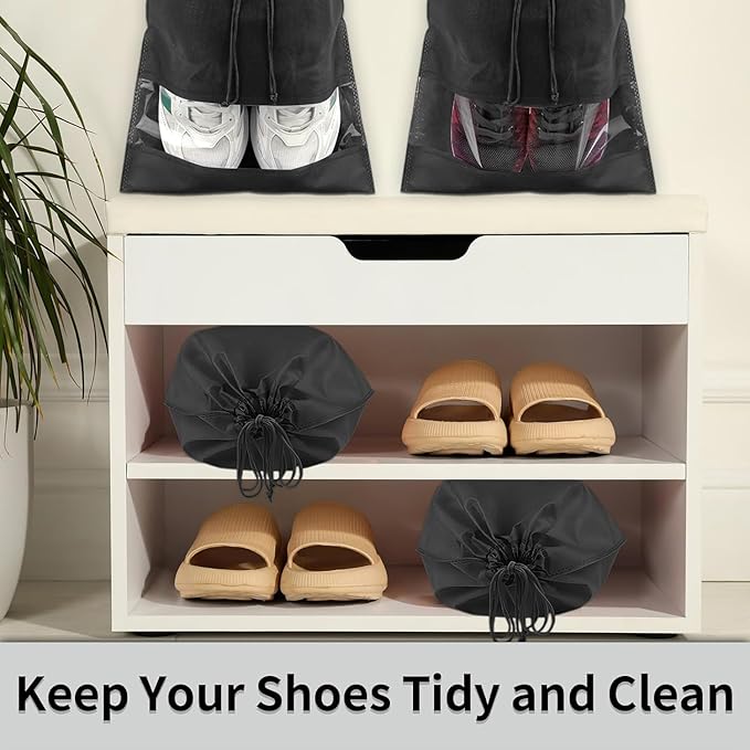 20 Pack Shoe Bags for Travel, Large Travel Shoe Bags for Packing with Clear Window, Dustproof Drawstring Travel Shoe Storage Bags Travel Essentials for Men & Women, Black (20, Black)