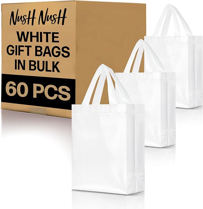 Nush Nush Set of 60 White Gift Bags Medium Size – Shiny Reusable White Gift Bags With Handles - Perfect Goody Bag for Wedding Favors, Holidays, Christmas, Birthday, Small Business, Events – 8Wx4Dx10H