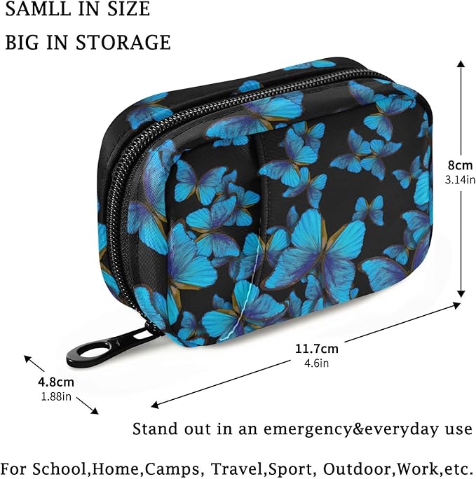 Fustylead Bright Blue Butterflies Travel Pill Organizer Case Zipper for Purse with Removable Weekly Pill Box for Medicine, Vitamin, Supplement Medicine Organizer