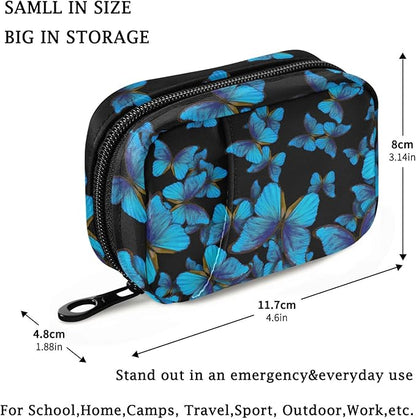 Fustylead Bright Blue Butterflies Travel Pill Organizer Case Zipper for Purse with Removable Weekly Pill Box for Medicine, Vitamin, Supplement Medicine Organizer