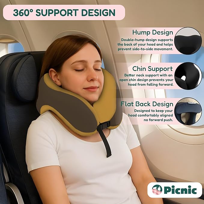 Picnic Neck Pillow for Traveling | 100% Pure Memory Foam Travel Pillow for Airplanes, Car & Office | Ergonomic Support with Adjustable Clasp, Eye Mask & Compact Travel Bag | Perfect for Relaxation