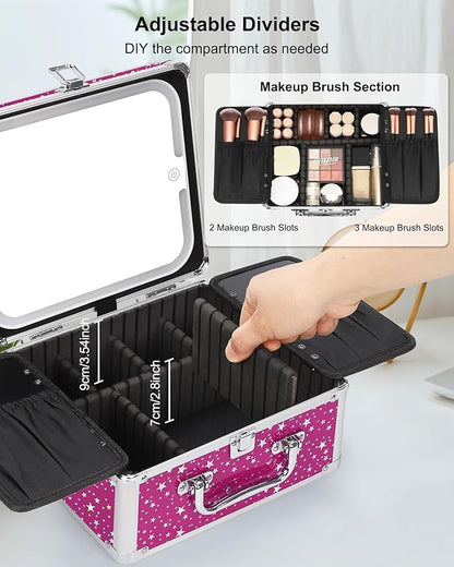 Relavel Makeup Bag with LED Mirror, Makeup Box Travel Train Case with Rechargeable Lighted Mirror, Cosmetic Brush Organizer Storage for Makeup Artists Gifts for Women and Girls, Hot Pink Shining Star