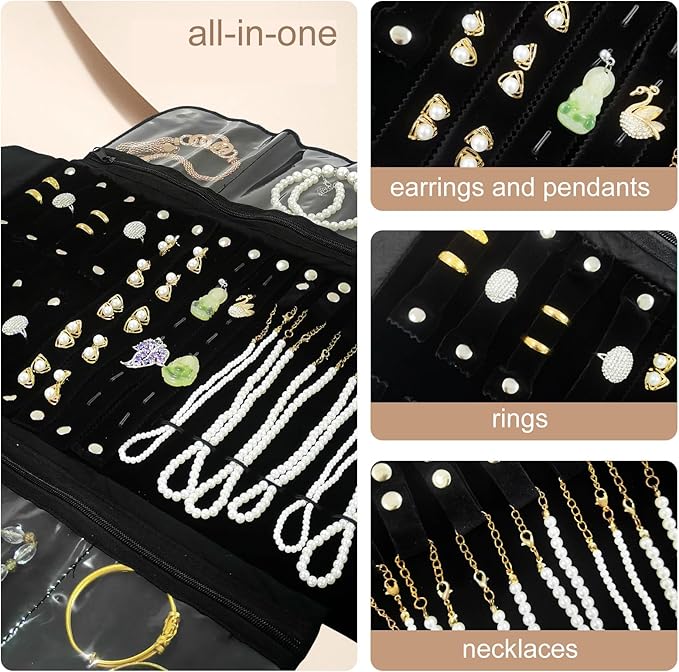 Velvet Travel Jewelry Case Roll Bag Organizer for Necklace Bracelet Earrings Ring (Black)