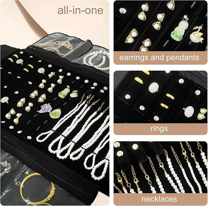 Velvet Travel Jewelry Case Roll Bag Organizer for Necklace Bracelet Earrings Ring (Black)
