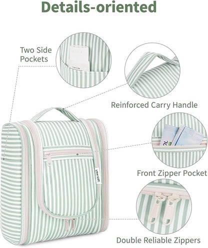 Narwey Small Striped Hanging Travel Toiletry Bag for Women, Travel Bag for Toiletries, Makeup Bag Organizer Cosmetic Bags Make Up Bags for Women (Mint Green Stripe)
